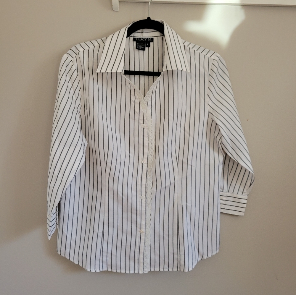 Vintage button front pinstripe lace trim 100% silk top Size Medium White 90s